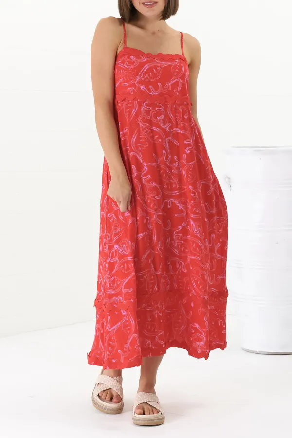 Red Patterned Asymmetric Hem Midi Dress