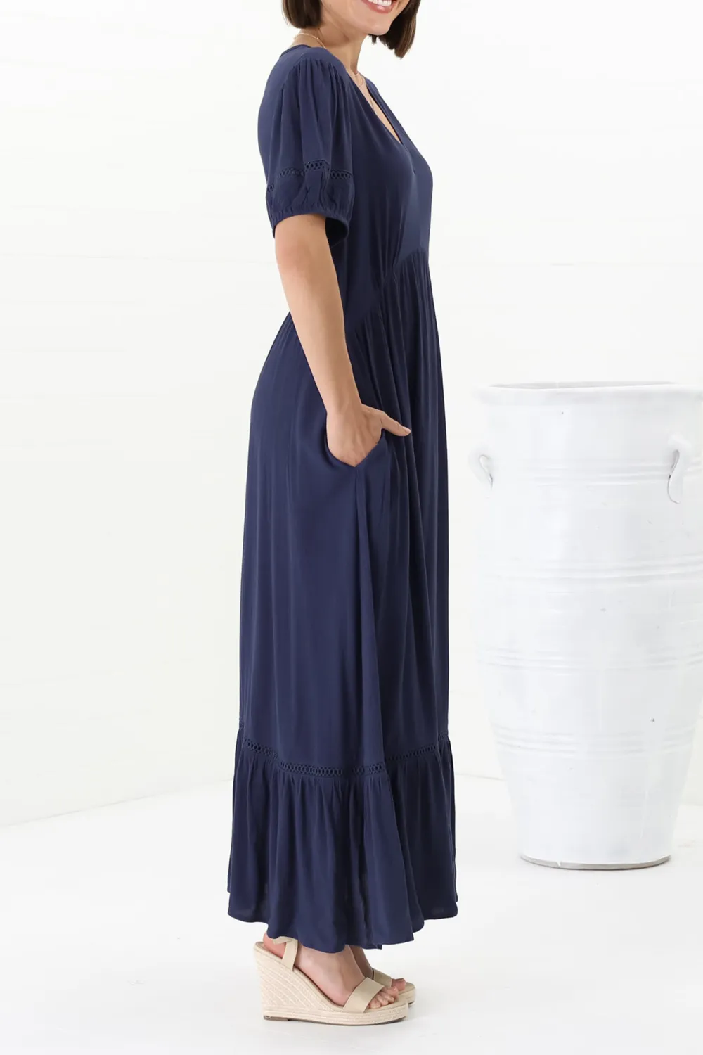Navy Blue Short Sleeve Maxi Dress
