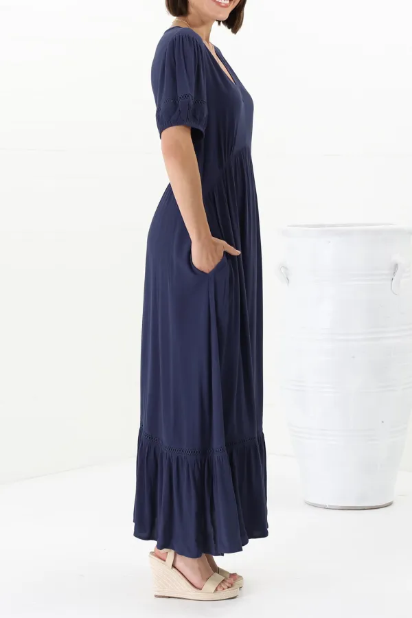 Navy Blue Short Sleeve Maxi Dress