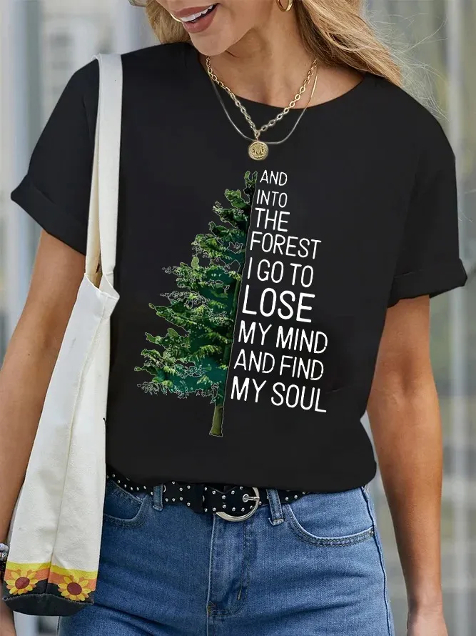 Women's Casual Natural Forest Print Short Sleeve Crew Neck T-Shirt