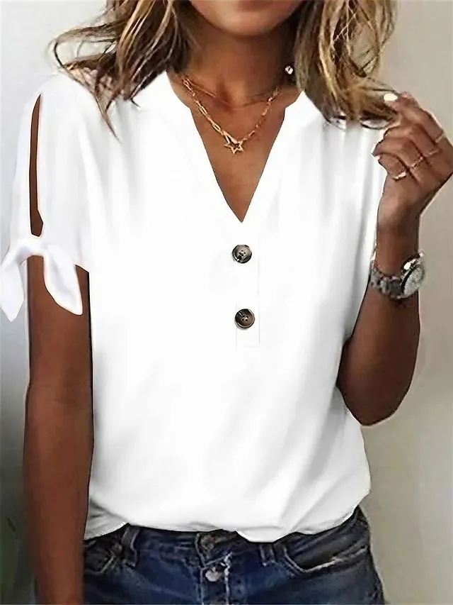 Women's T shirt Tee White Pink Blue Plain Button Cut Out Short Sleeve Daily Weekend Fashion Basic Elegant V Neck Regular Fit