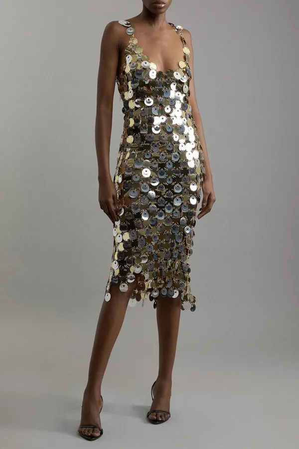 Disc Sequin Strappy Midi Dress