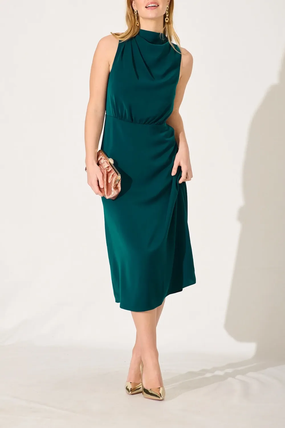 Dark Green Sleeveless Mock Neck Midi Dress