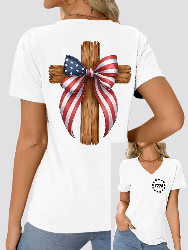 Woman'S Independence Day and Faith V-Neck And Short Sleeves T-shirt