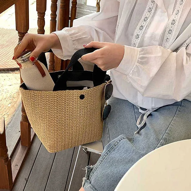 Women's Top Handle Bag Straw Daily Going out Pearls Geometric Black White