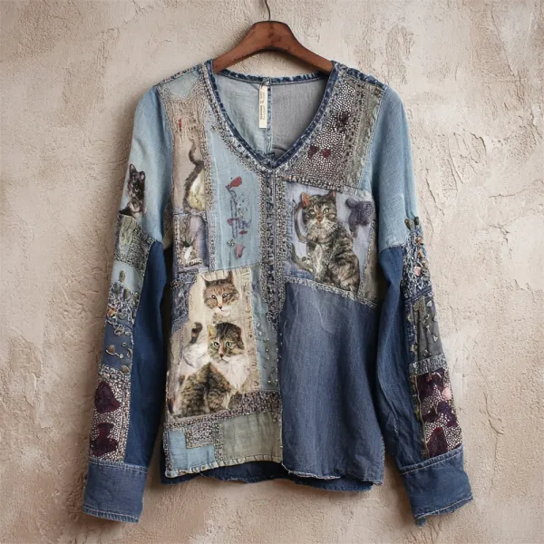 Shabby Patchwork Denim Cat With Sequins Women's V-neck Long Sleeve T-shirt