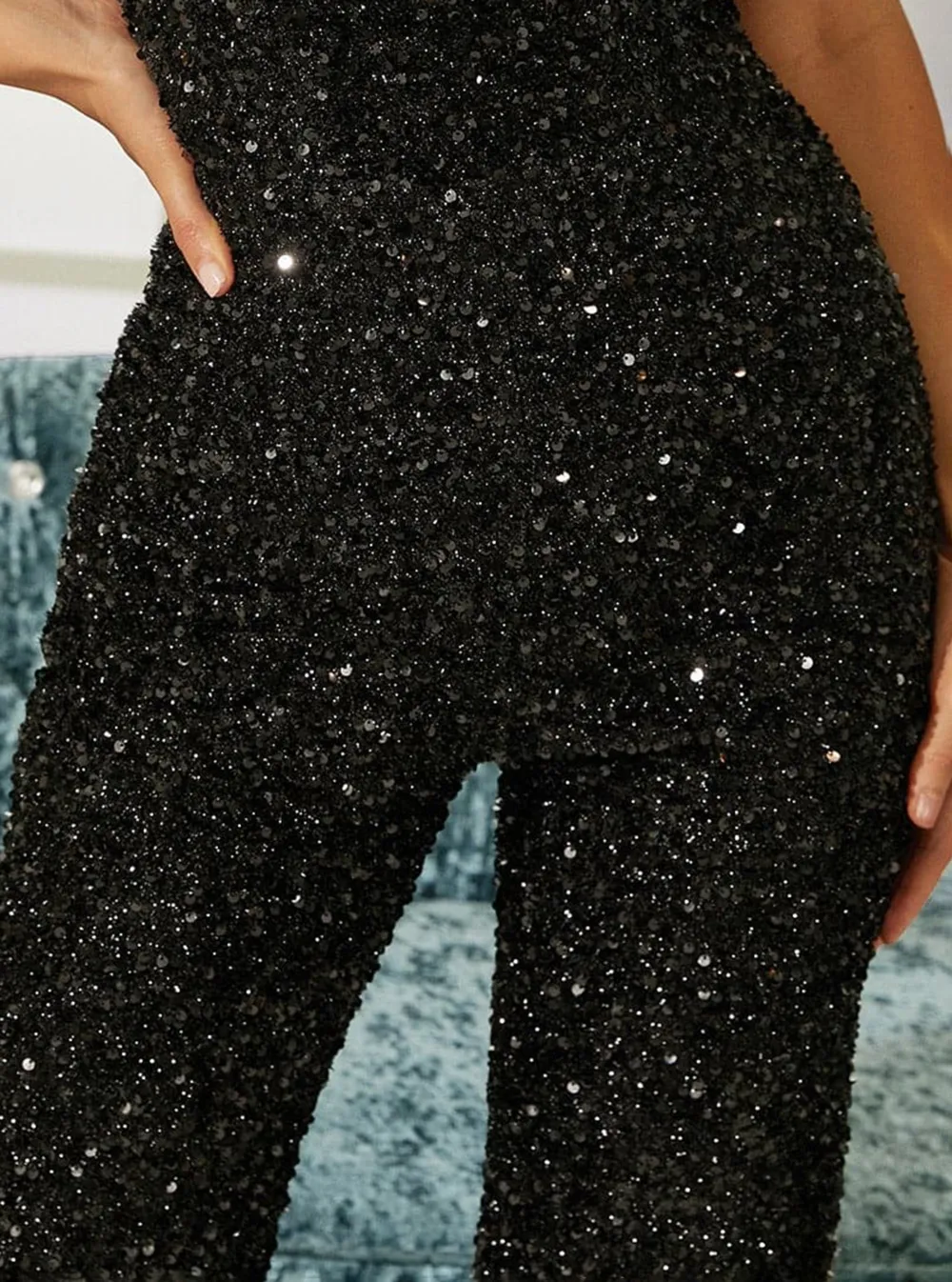 Off Shoulder Sequins Black Jumpsuits