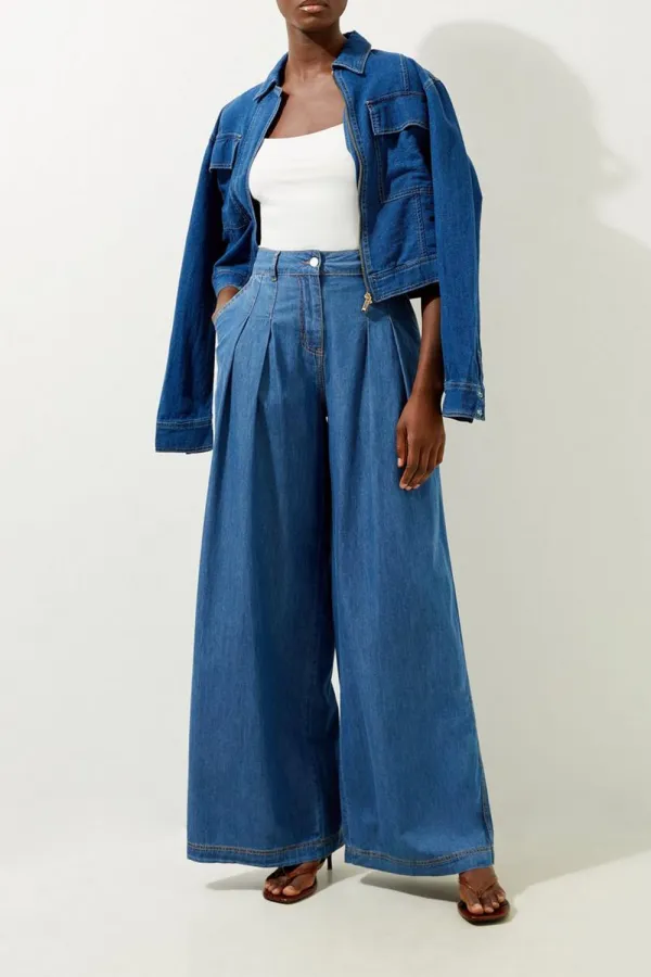 Tailored Chambray Denim Straight Leg Pleated Trousers