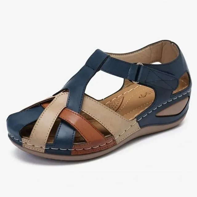 Women's Sandals Wedge Sandals Comfort Shoes Plus Size Outdoor Office Daily Summer Buckle Wedge Heel Round Toe Closed Toe Classic Casual Walking Shoes PU Leather Faux Leather Magic Tape Color Block