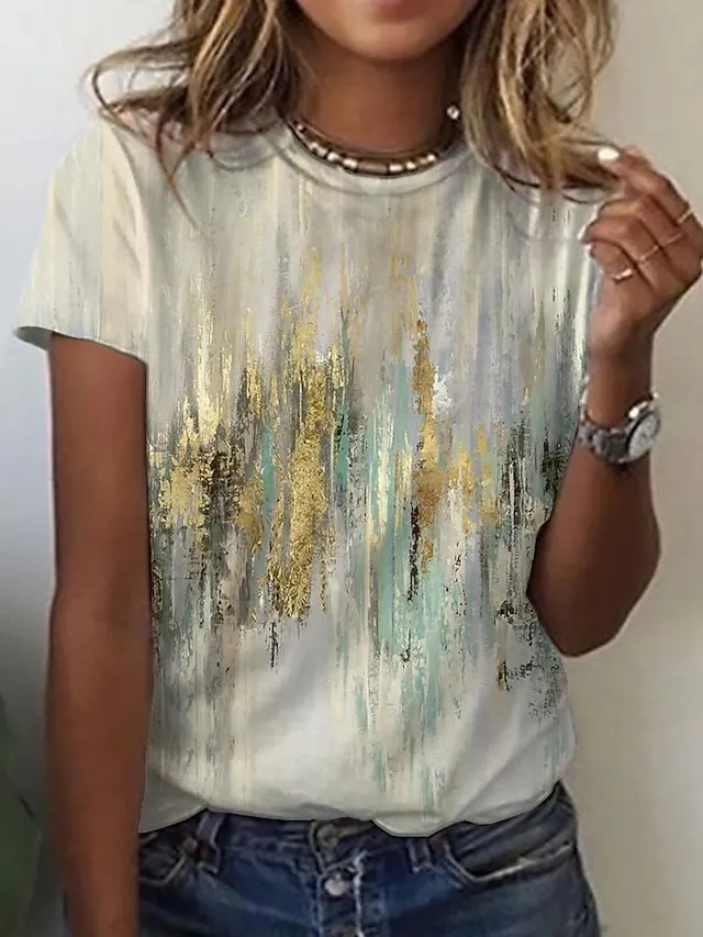 Women's T shirt Tee Grass Green Black Yellow Graphic Abstract Print Short Sleeve Daily Weekend Vintage Basic Round Neck Regular Geometric S