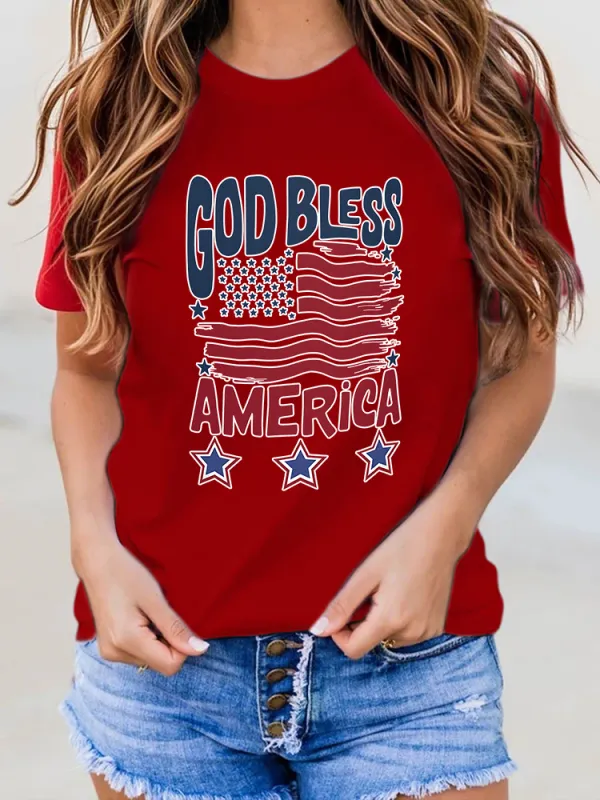 Woman'S God Bless America Round-Neck Short-Sleeved T-Shirt