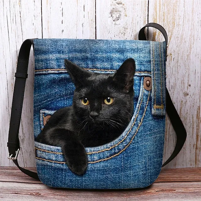 Women's Crossbody Bag Shoulder Bag Fluffy Bag Polyester Outdoor Daily Holiday Print Large Capacity Lightweight Durable Cat Yellow Red Blue