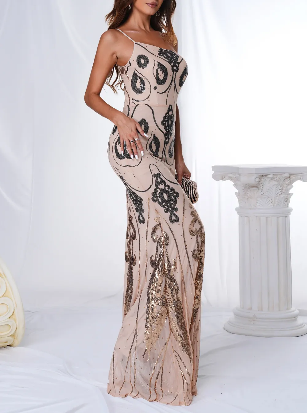 One Shoulder Spaghetti Graphic Prom Dress
