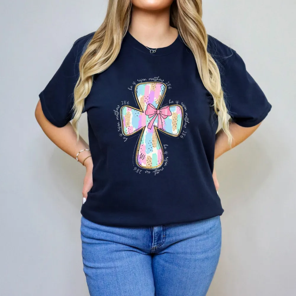 Colorful Cross Pattern With Pink Bow T-Shirt