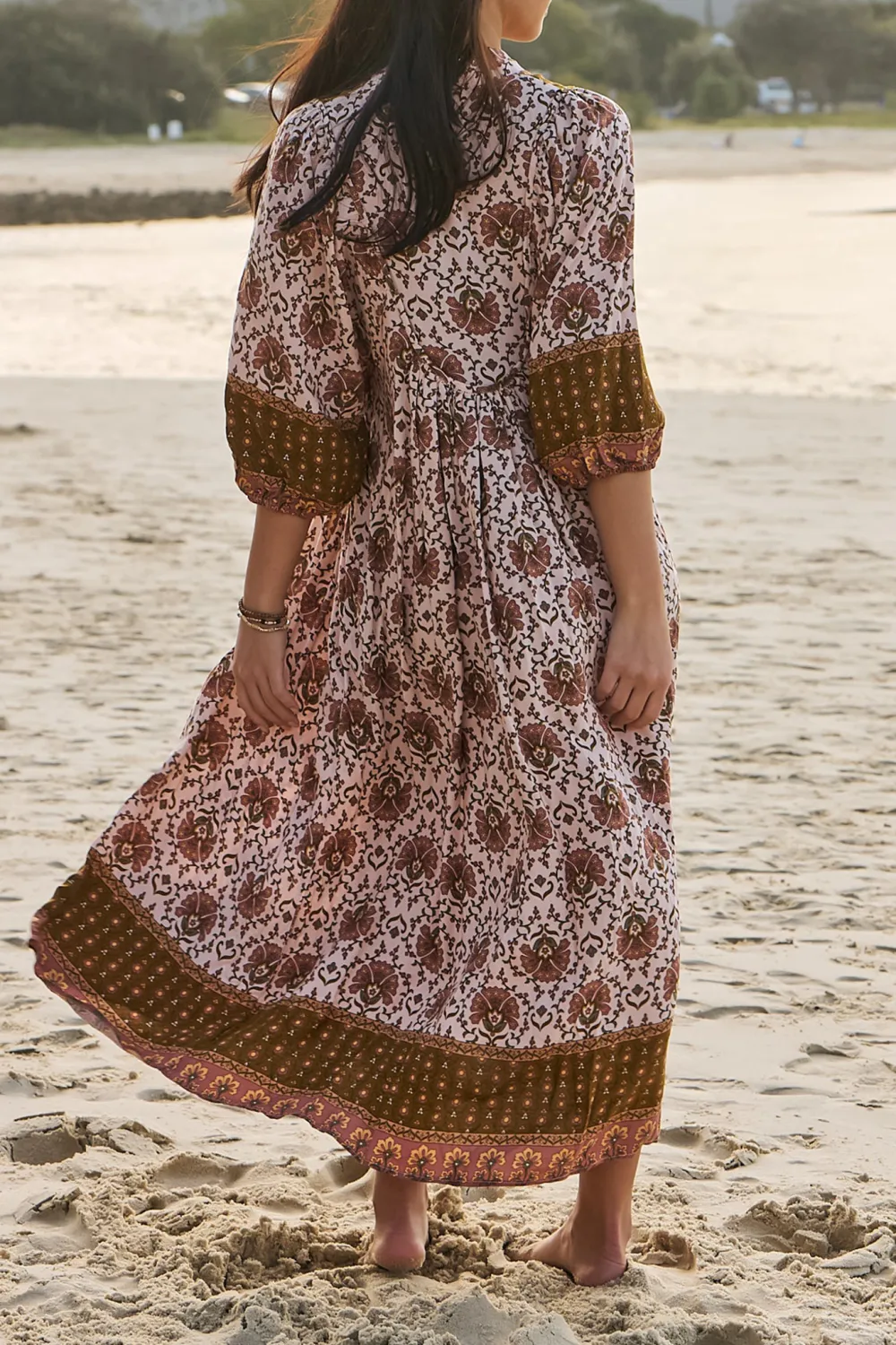 Brown Patterned V Neck Half Sleeve Maxi Dress