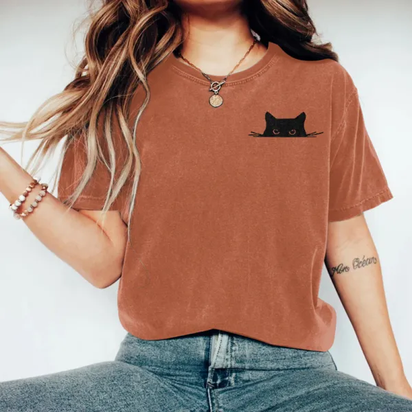 Abstract Creative Embroidered Black Cat Art Print  T-shirt