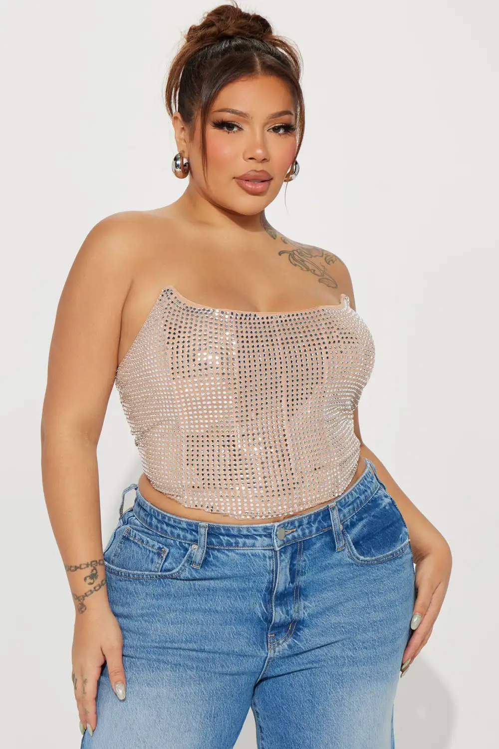 Rayna Rhinestone Mesh Corset Top - Nude
