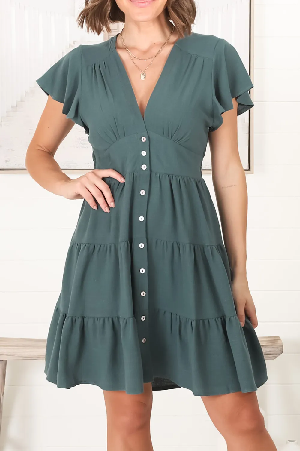Dark Green Ruffled Tiered Button Down Dress