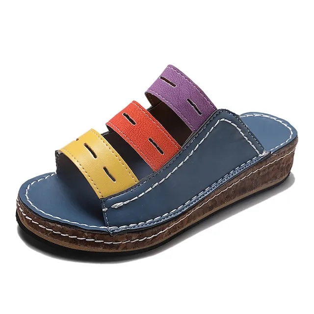 Women's Sandals Boho Bohemia Beach Wedge Sandals Outdoor Slippers Outdoor Daily Beach Summer Spring Wedge Heel Open Toe Classic Casual Faux Leather Loafer Color Block White Red Blue