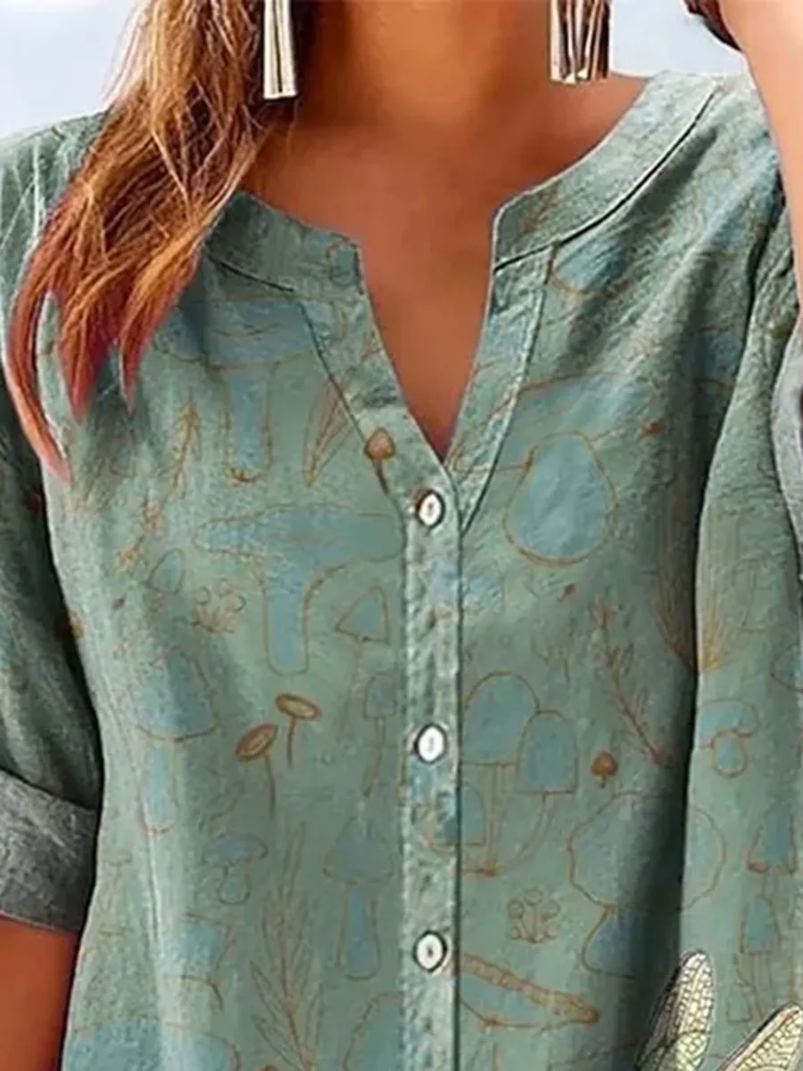 Women's Retro Casual Mushroom Dragonfly Cotton and Linen Shirt