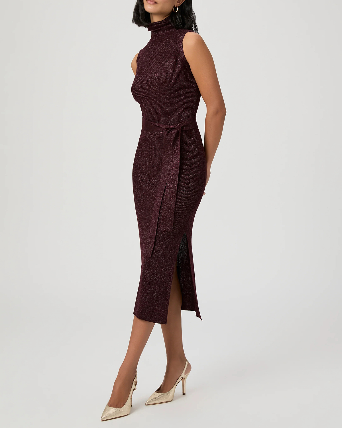 Burgundy Sleeveless Mock Neck Midi Dress
