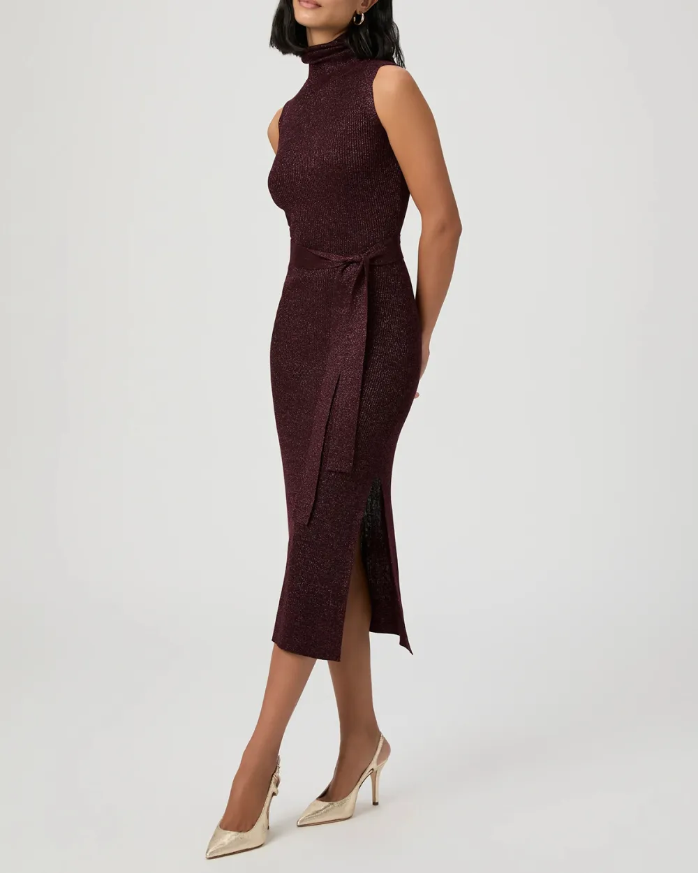 Burgundy Sleeveless Mock Neck Midi Dress