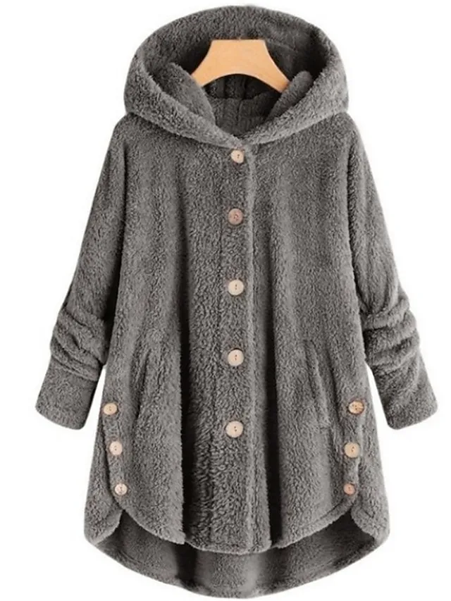 Women's Teddy Coat Fleece Sherpa Jacket with Hood Teddy Bear Jacket Windproof Warm Winter Coat Comtemporary Stylish Plush Jacket Long Sleeve Leopard Black Pink Wine