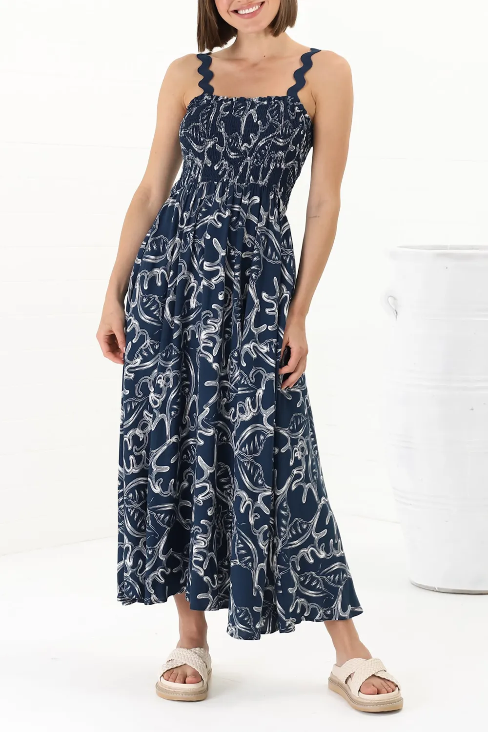 Navy Blue Patterned Scallop Strap Maxi Dress