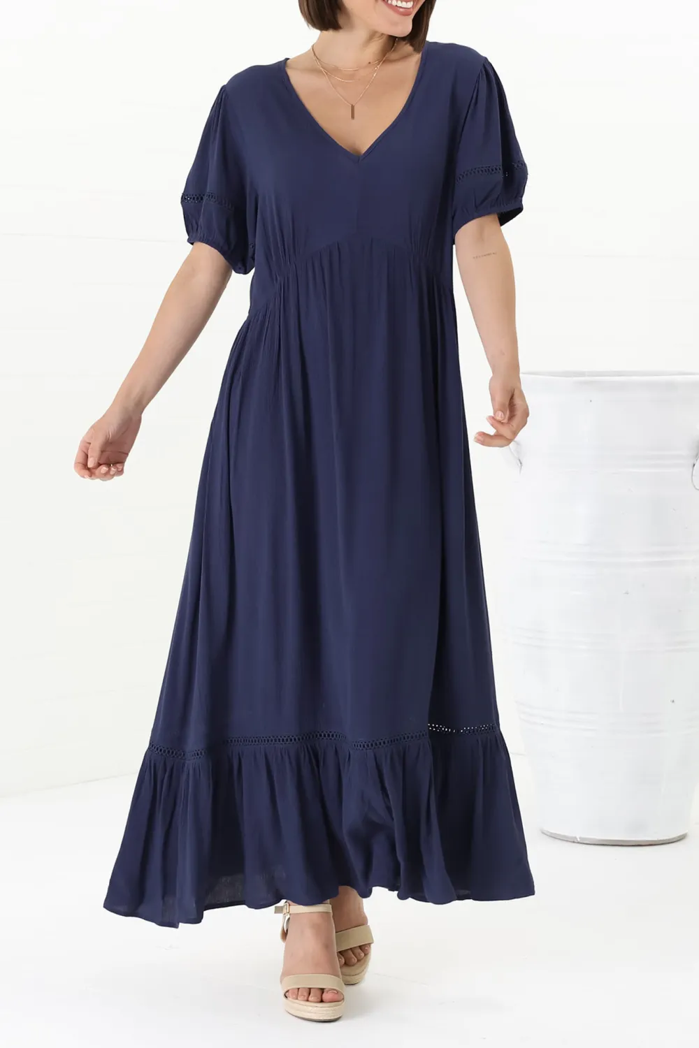 Navy Blue Short Sleeve Maxi Dress