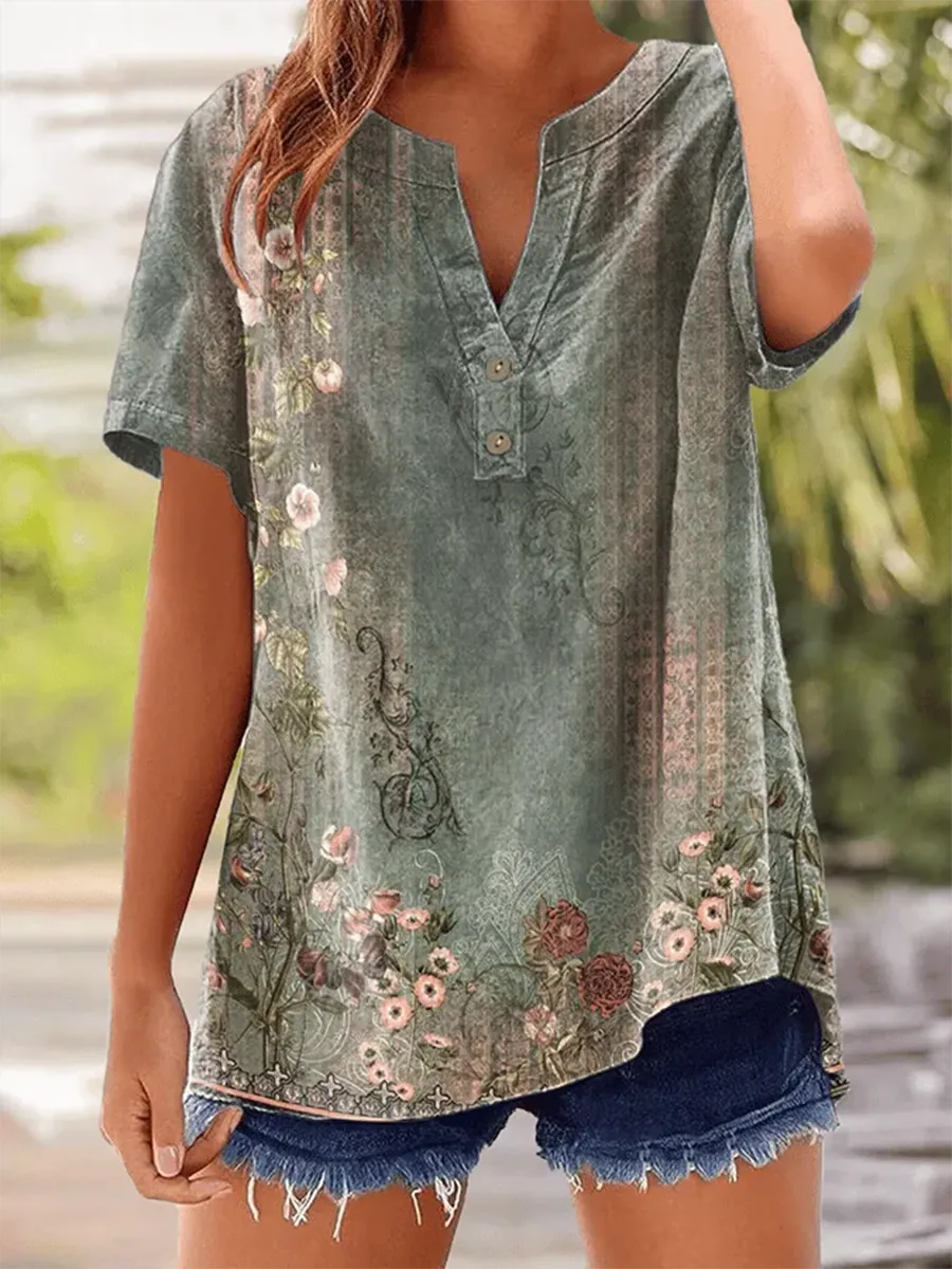 Women's Vintage Botanical Floral Button Design V-Neck Short Sleeve Shirt