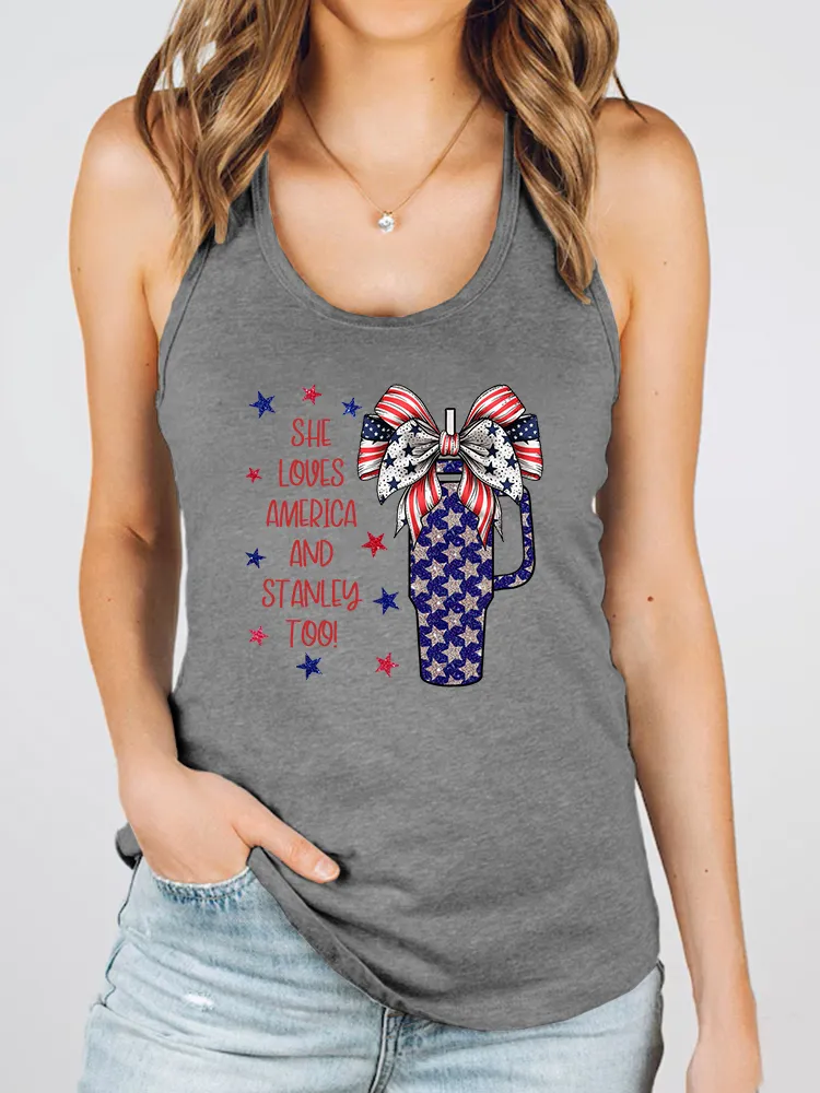 Women'S She Loues America And Stanley Too Print Round-Necked Sleeveless Vest
