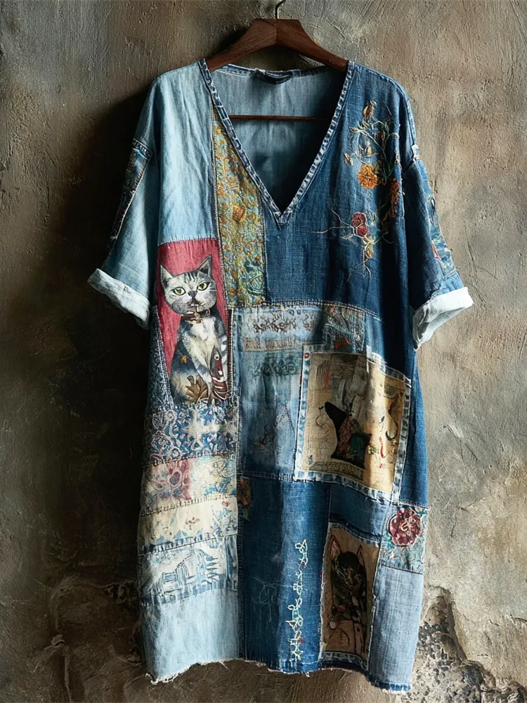 Worn Patchwork Cowboy Cats Women's Short Sleeve V-neck Dress