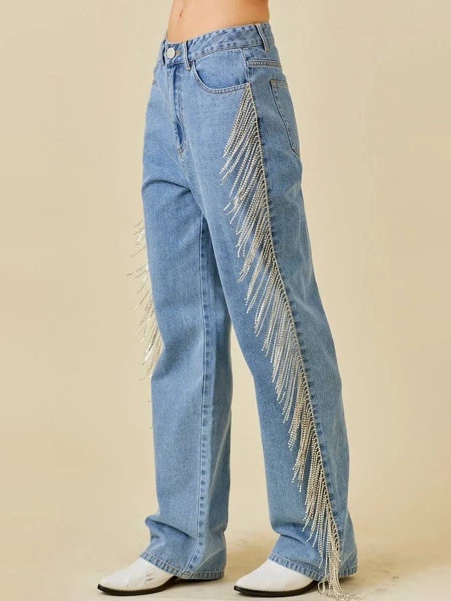 Side Sequin Fringe Jeans