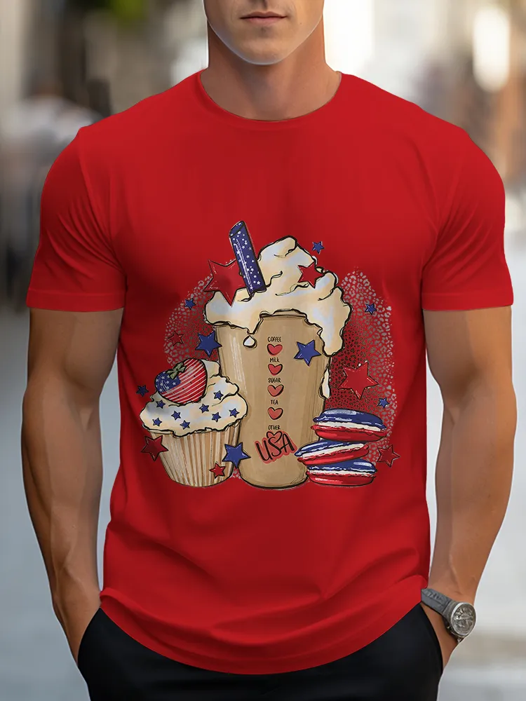 Man'S Dessert Print Round-Neck Short-Sleeved T-Shirt