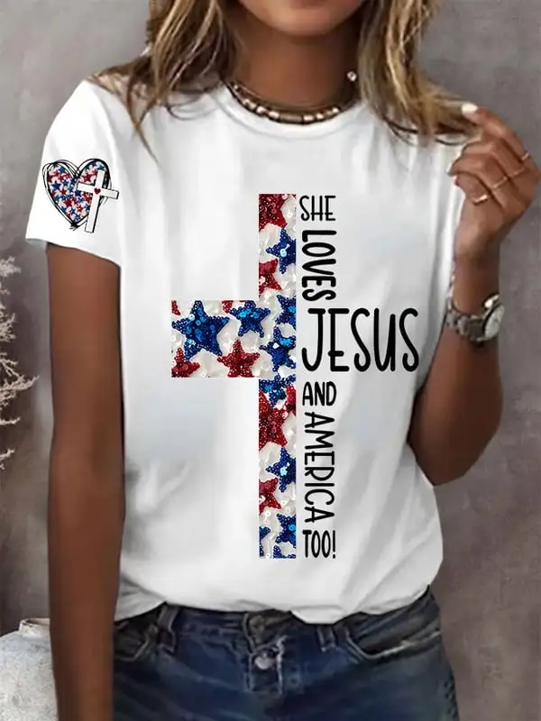 Woman'S She Loves Jesus And America Too! Round-Neck Short-Sleeve T-Shirt