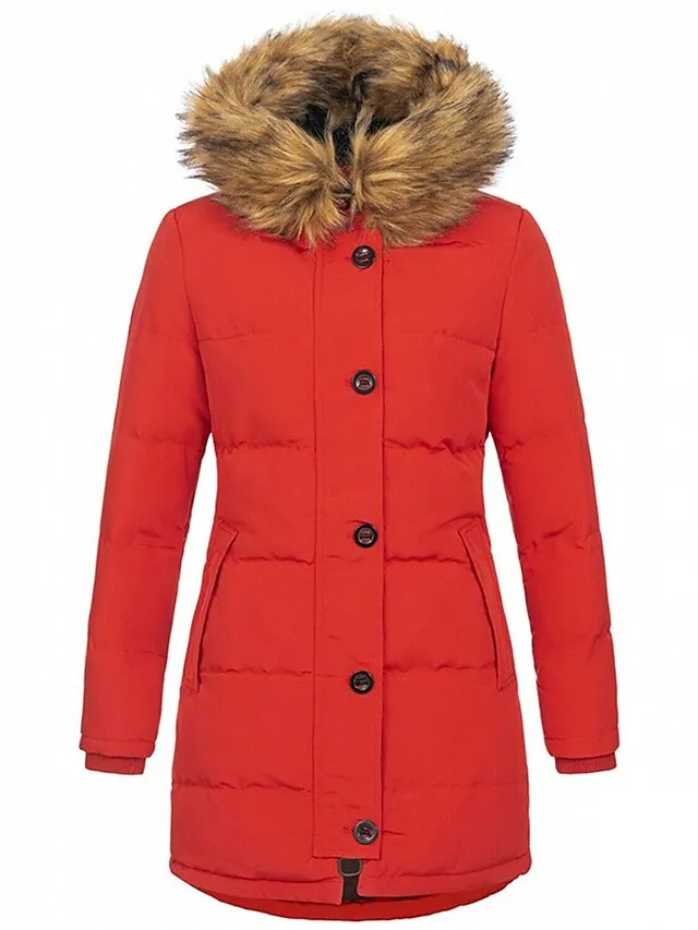 Women's Parka Puffer Jacket Winter Coat Zip up Hooded Coat with Fur Collar Thermal Warm Heated Coat Fall Outerwear with Pockets Classic Long Sleeve Black White