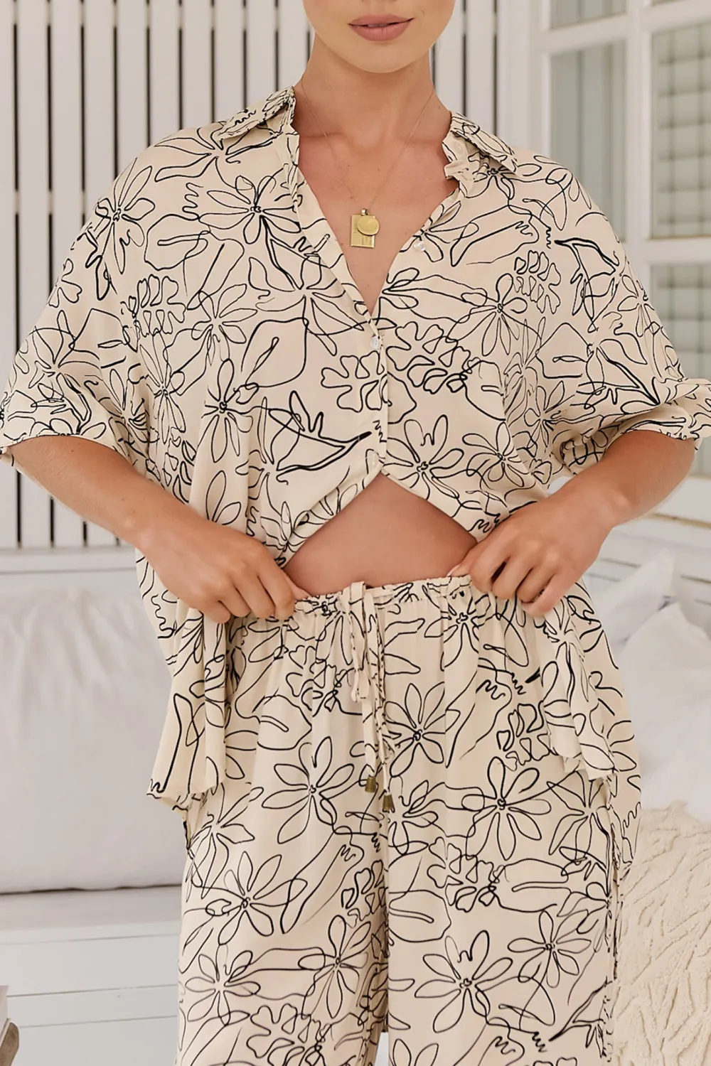 Beige Floral Print Short Sleeve Shirt