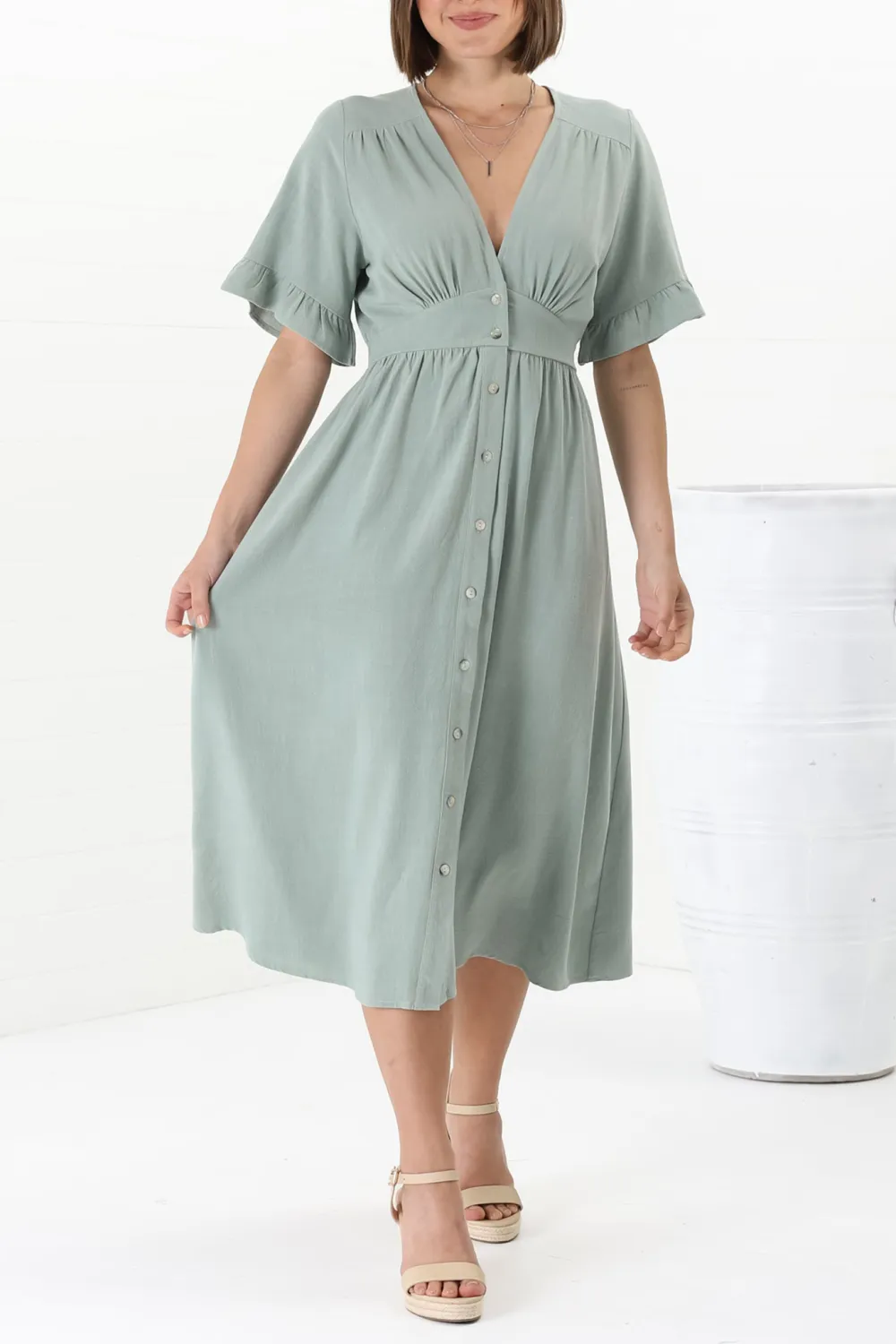 Light Green Button Down Flutter Sleeve Midi Dress