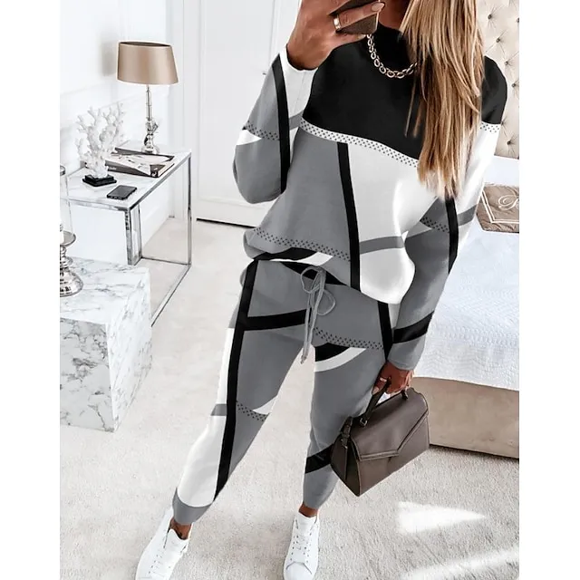 Women's Sweatshirt Tracksuit Pants Sets Camel Purple Green Geometric Color Block Drawstring Print Long Sleeve Sports Outdoor Casual Active Streetwear Crew Neck Regular Fit Fall & Winter
