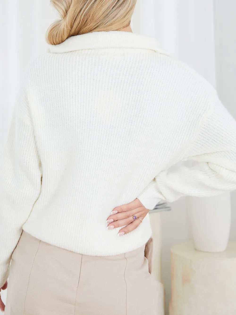 White Casual Style Long Sleeves Knit