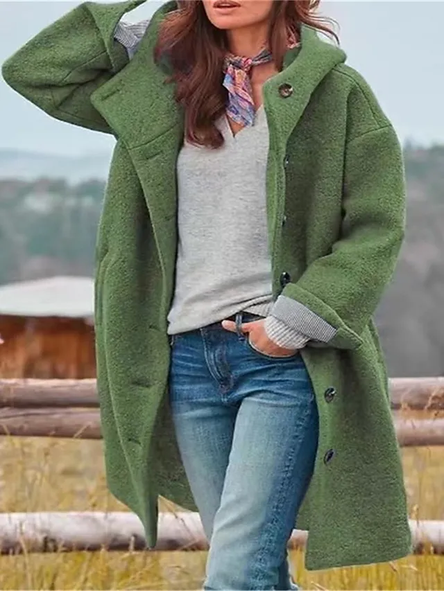 Women's Winter Coat Long Overcoat with Hood Fall Pea Coat Single Breasted Jacket with Pockets Warm Windproof Trench Coat Long Sleeve Black Royal Blue Fuchsia