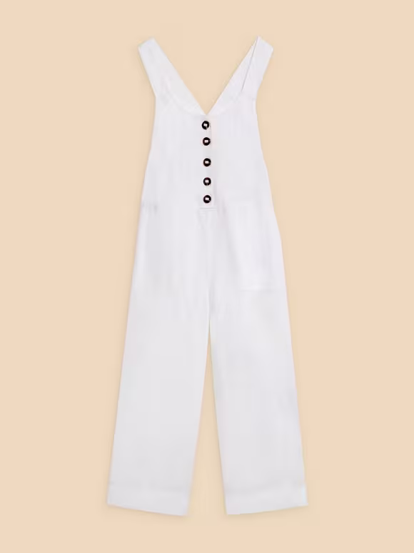 Crop Linen Dungaree In Natural White
