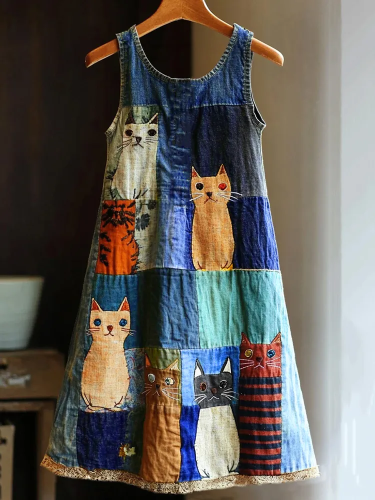 Casual Pop Art Patchwork Denim Cat Dress