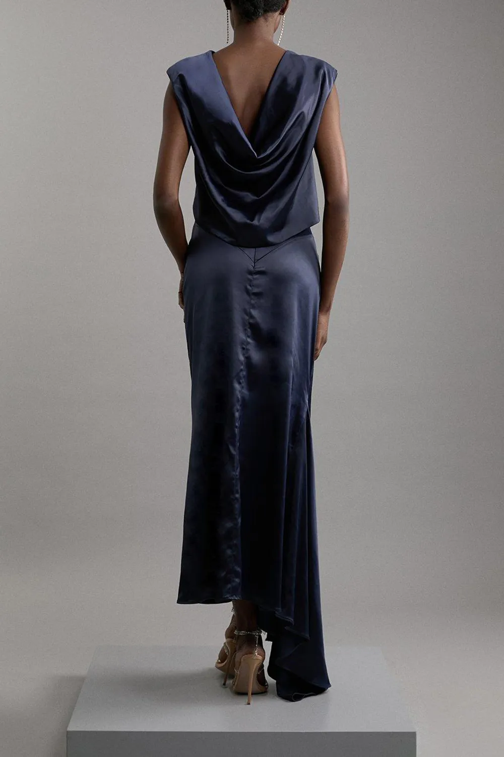 High Neck Sleeveless Satin Drape Woven Midaxi Dress