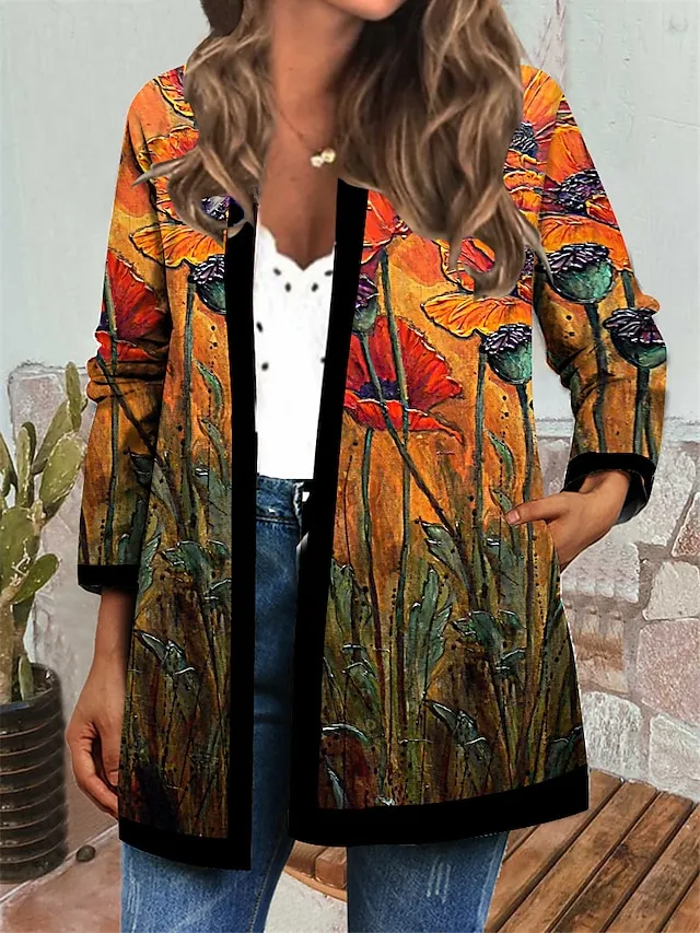 Women's Jacket Casual Jacket Daily Holiday Winter Autumn / Fall Regular Coat Round Neck Regular Fit Casual St. Patrick's Day Jacket Long Sleeve Floral Print Green Blue Yellow