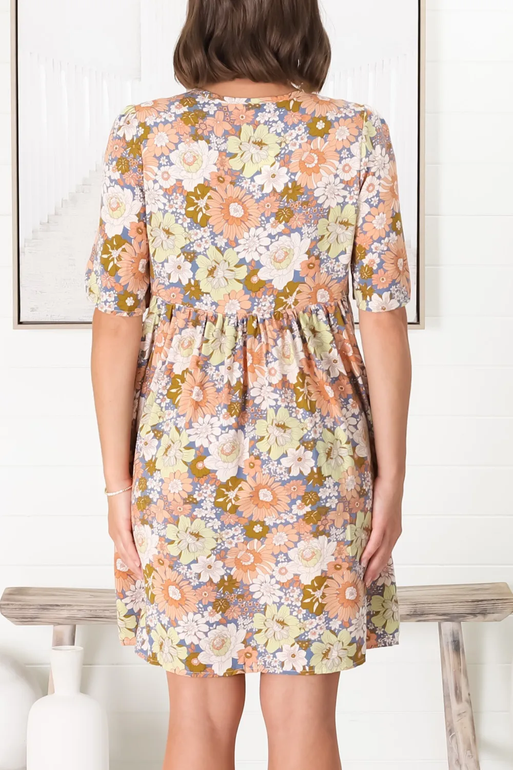 Colorful Floral Print V Neck Short Sleeve Dress