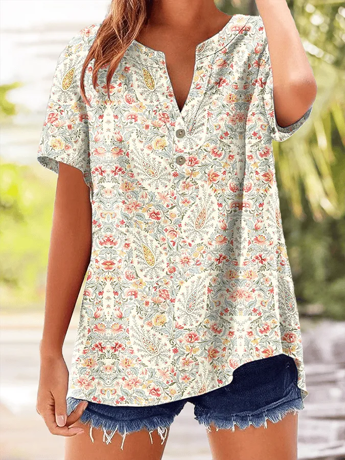 Women's Casual Floral V-neck Short-sleeved Cotton and Linen Shirt