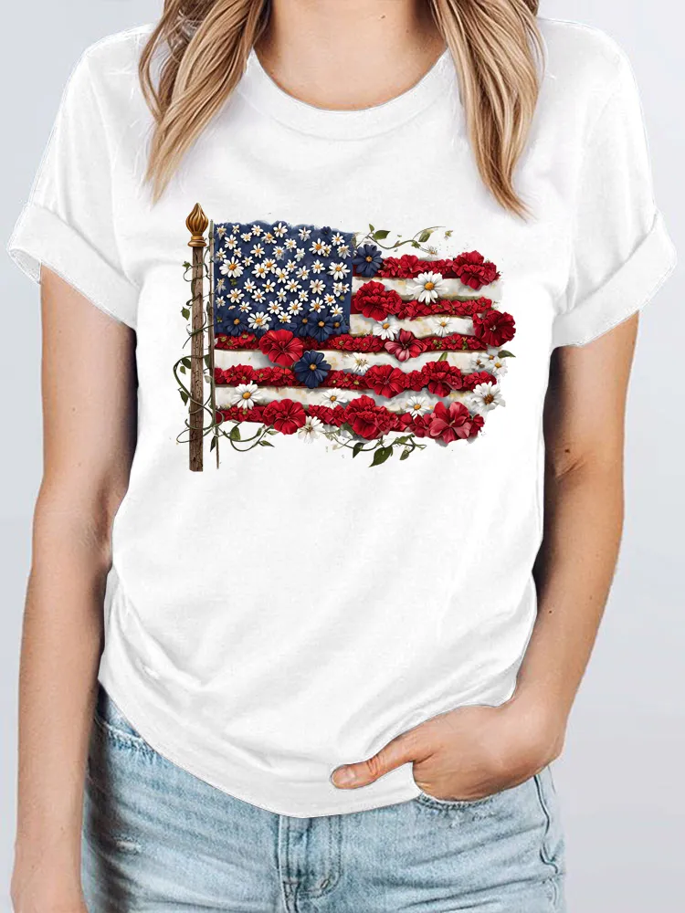 Woman'S Independence Day Floral Flag Print Short-Sleeved T-Shirt