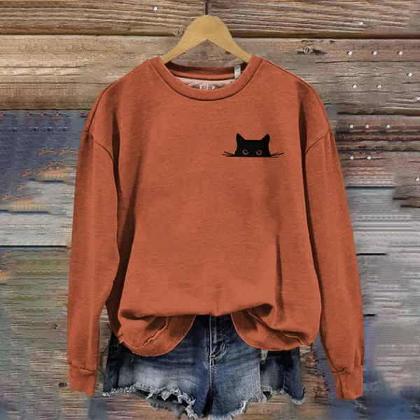 Women's Embroidered Black Cat Print Sweatshirt