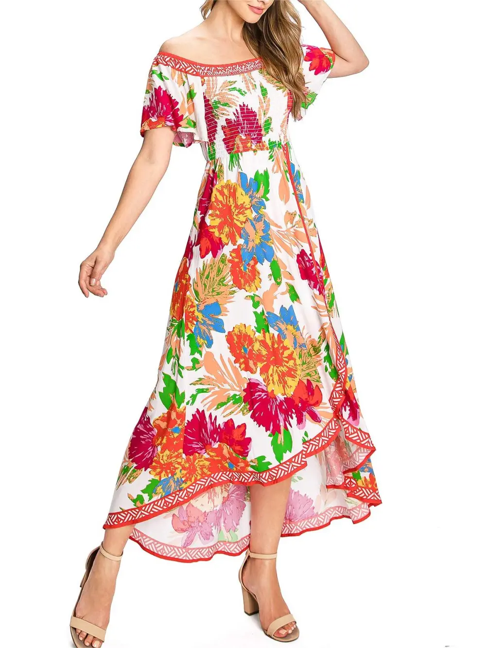 Black and Red Floral Off - Shoulder Dress